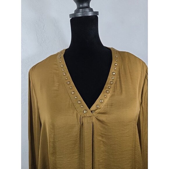 Catherine Malandrino size Large Olive Long Sleeve Blouse Bronze Studded Satin - Picture 2 of 8